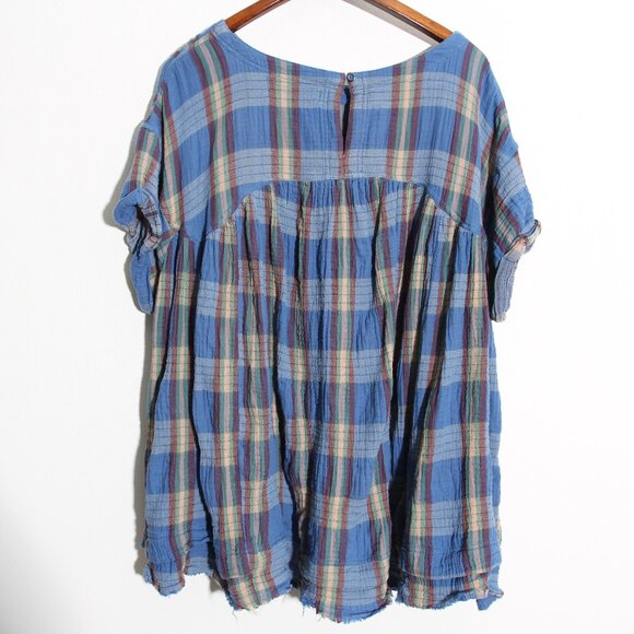 Free People We The Free Blue Combo Moon City Plaid Top Cotton Size Medium - Picture 11 of 16